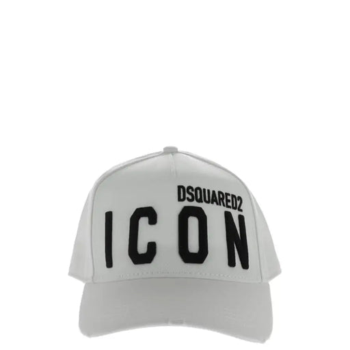 White baseball cap featuring ICON and DSQUARED2 branding for fashionable headwear