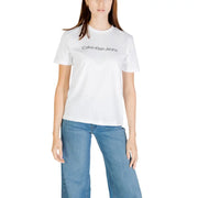 White Calvin Klein Jeans women’s short sleeve cotton T shirt displayed in product image