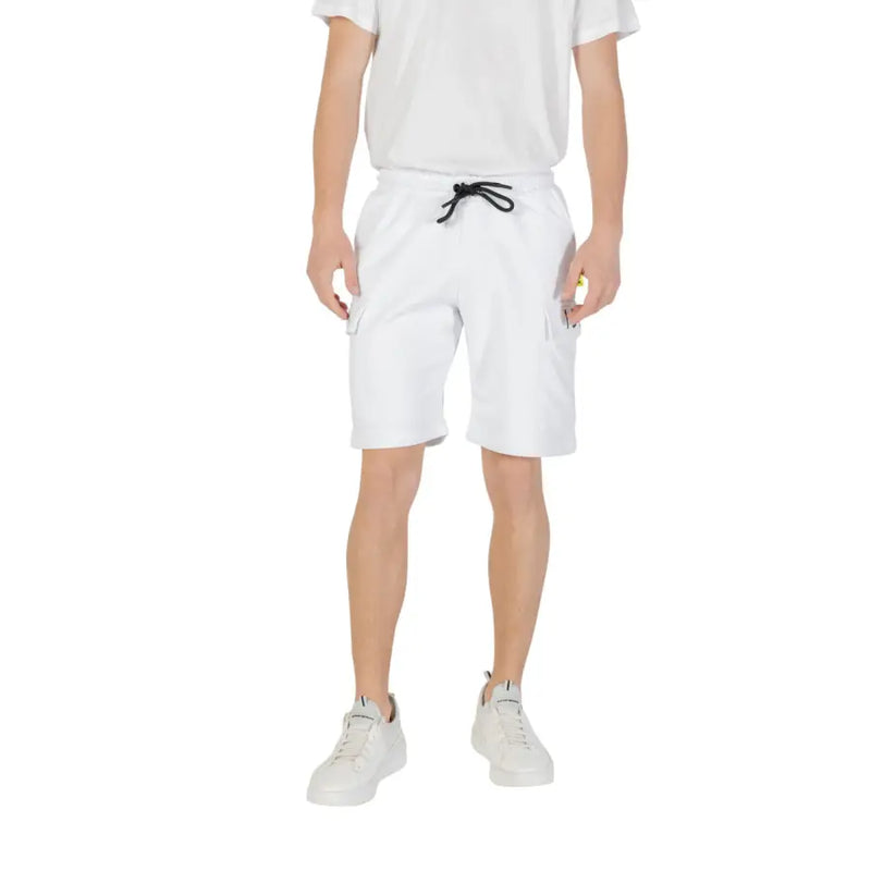 White cargo shorts displayed in a product listing for Black Cargo Shorts
