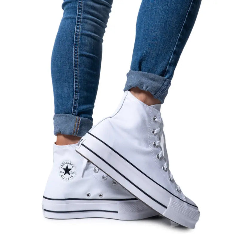 White Converse high-top sneakers with print and laces for women displayed in product image