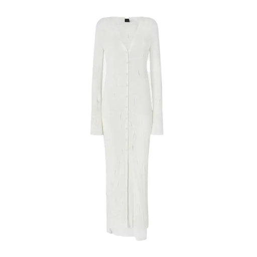 White cotton button front v neck dress by Pinko in a long knit design with subtle texture and button details