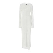 White cotton button front v neck dress by Pinko in a long knit design with subtle texture and button details