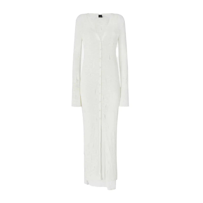 White cotton button front v neck dress by Pinko in a long knit design with subtle texture and button details