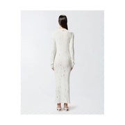 White cotton button front v neck dress by pinko featuring a long sleeved off white knit fabric with black lightning bolts