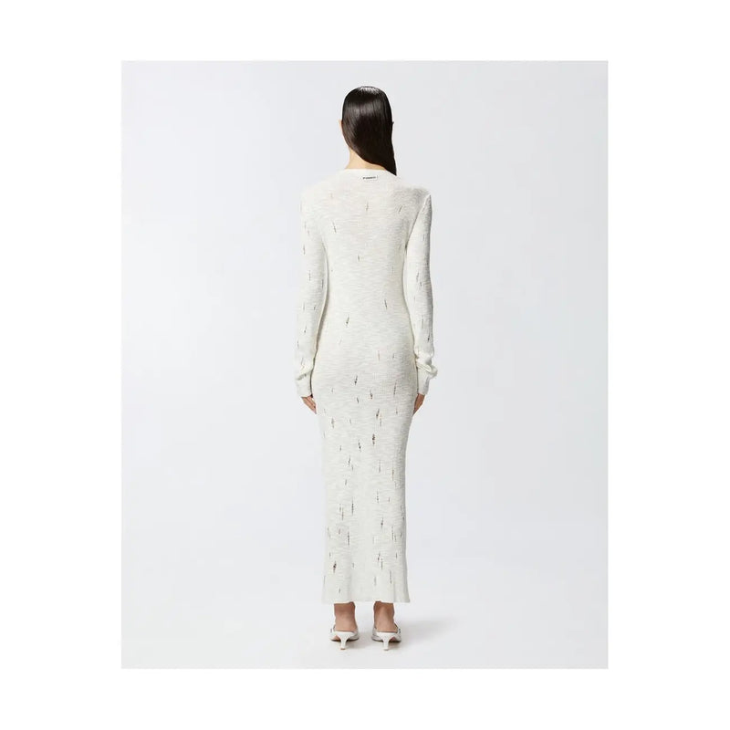 White cotton button front v neck dress by pinko featuring a long sleeved off white knit fabric with black lightning bolts