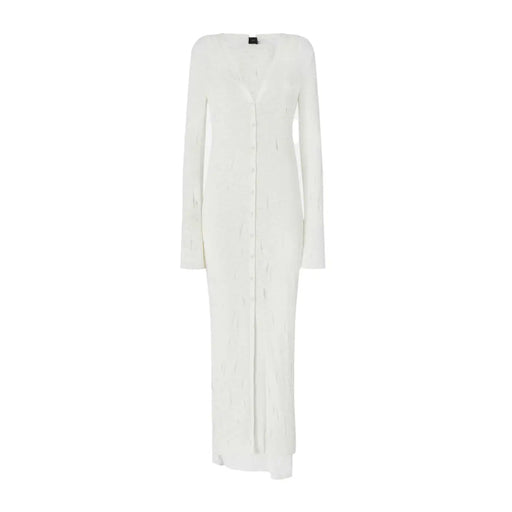 White Cotton Button Front V Neck Dress by Pinko, long knit with subtle texture