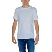 Guess Men T-Shirt White crew neck worn by person in blue jeans