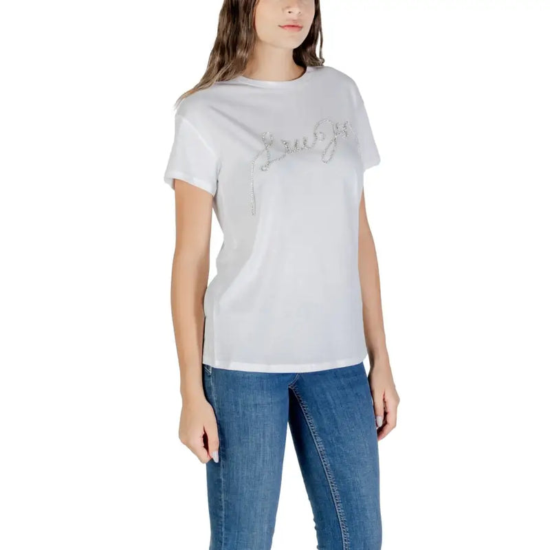 White Liu Jo women short sleeve round neck cotton T-shirt with embellished script and blue denim jeans