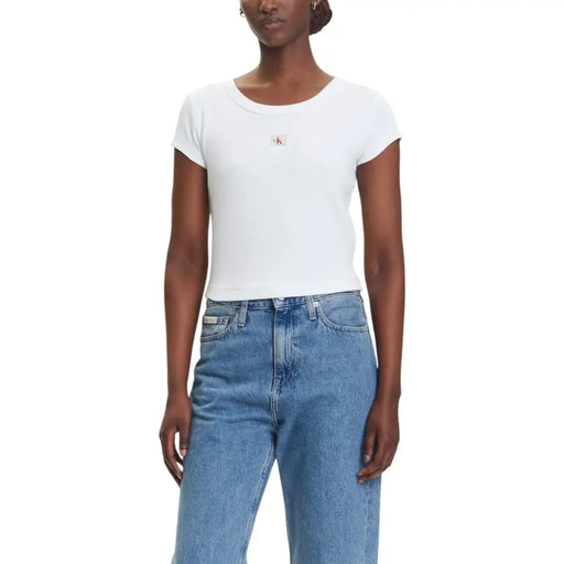 Weißes, kurzärmeliges Crop-Top mit Rundhalsausschnitt top aus Calvin Klein Jeans Damen-T-Shirt in Hellblau