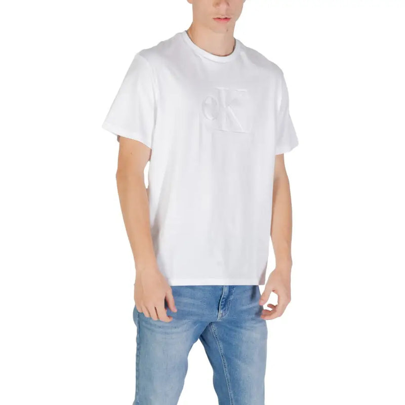 White crewneck t shirt featuring a white Calvin Klein fabric with a subtle raised CK logo on the chest