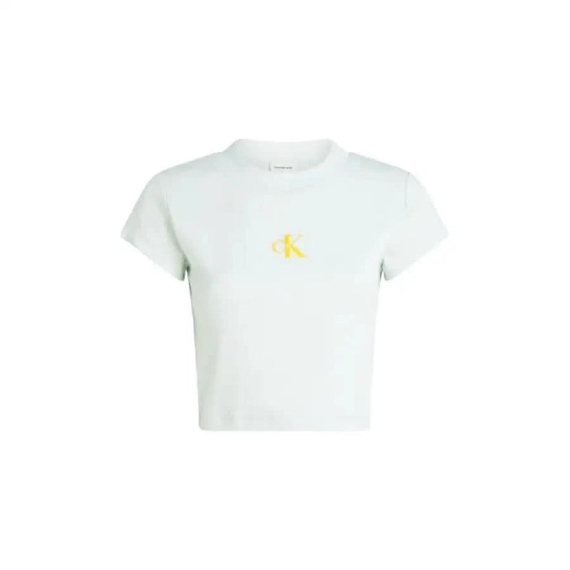 White cropped Calvin Klein Jeans T-shirt featuring a small yellow logo