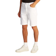 Men’s white denim shorts displayed alongside a black tank top in a casual outfit display