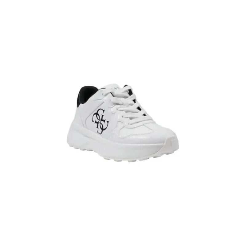 White Guess Women Sneakers with Black Accents, Print, and Laces for stylish footwear