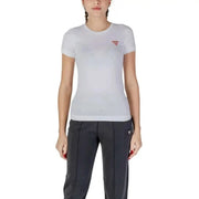 White fitted Guess Women T-Shirt featuring a small red logo on the chest