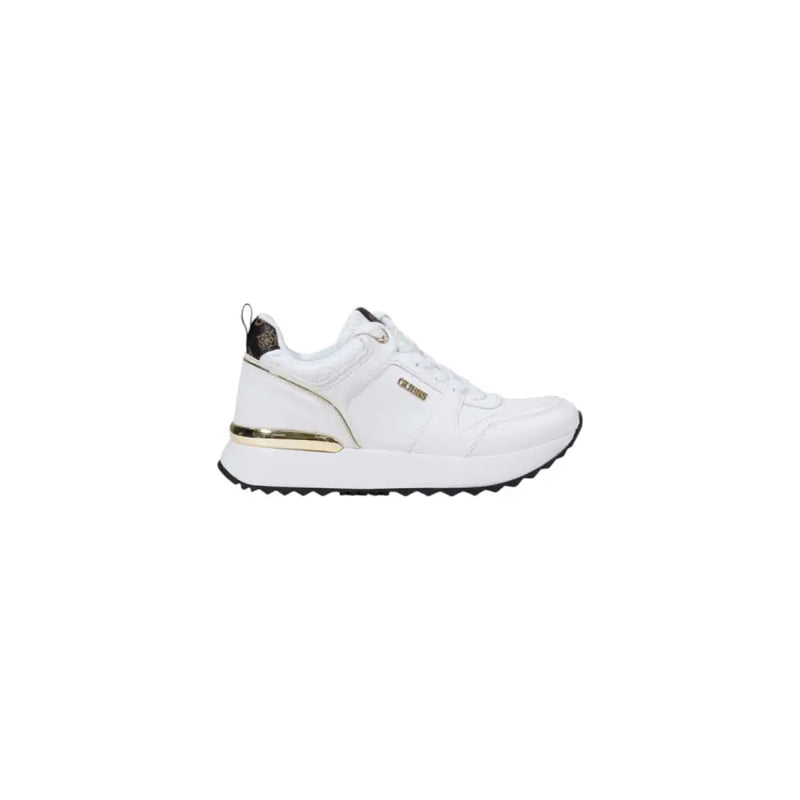 White and gold women’s athletic slip-on sneakers with black sole for Guess Fall Winter collection