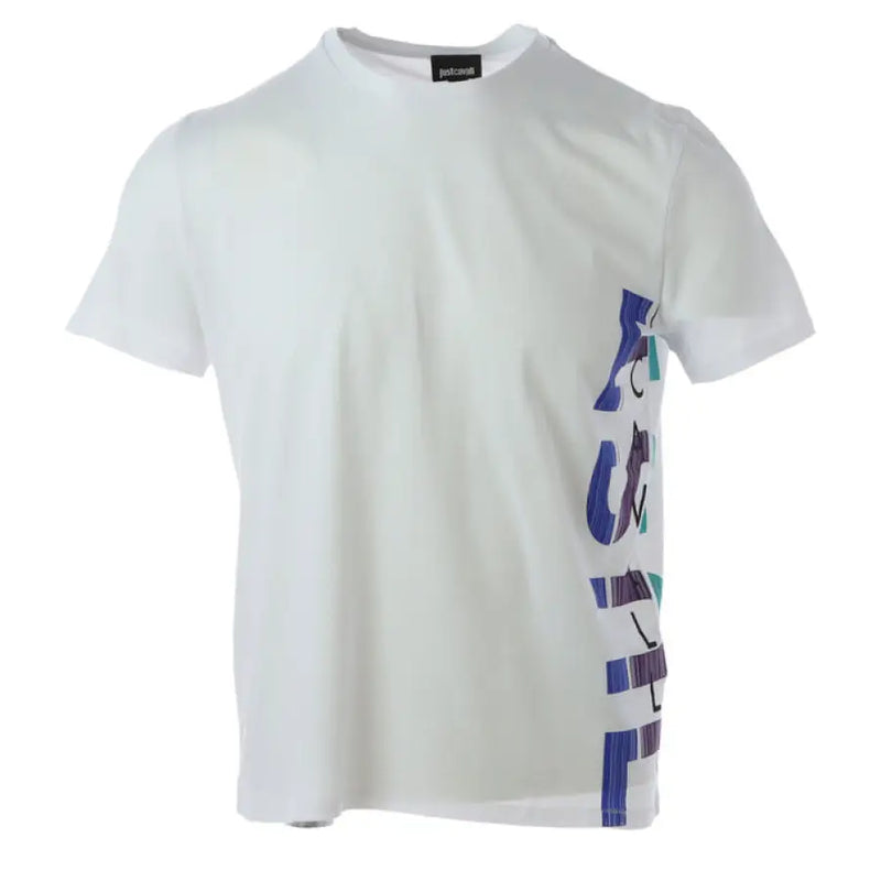 White graphic T-shirt with colorful side design for a stylish casual look