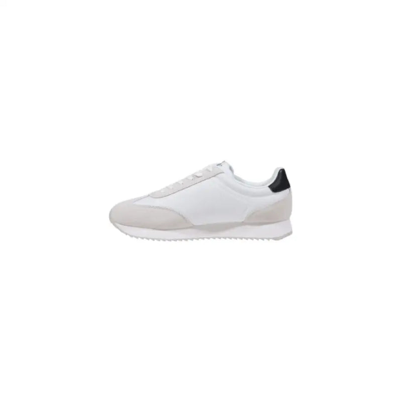 White and gray Calvin Klein running sneaker with black heel accent front view