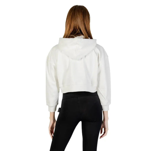 White womens hooded cotton blend sweatshirt with cropped puffy silhouette