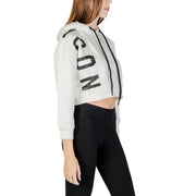 White hooded cotton blend sweatshirt for women with cropped fit black lettering and zipper details