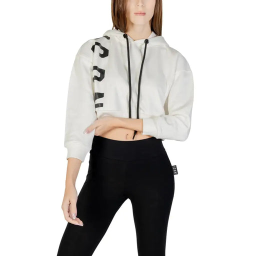 White cropped hoodie with black lettering on sleeve and drawstrings