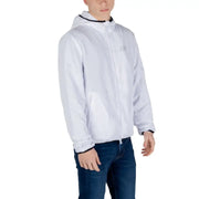 White hooded jacket from Ea7 Men featuring zip and front pockets in sleek design