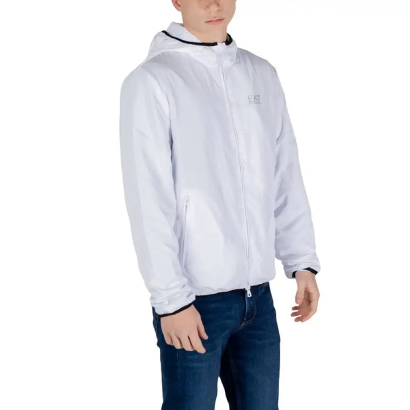 White hooded jacket from Ea7 Men featuring zip and front pockets in sleek design