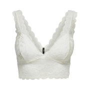 White lace bralette with scalloped edges displayed with Only Black Sleeveless V Neck Womens Polyester Top