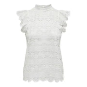 White lace sleeveless high-neck top with ruffled shoulders by Jacqueline De Yong