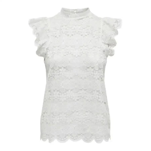 White lace sleeveless high-neck top with ruffled shoulders by Jacqueline De Yong