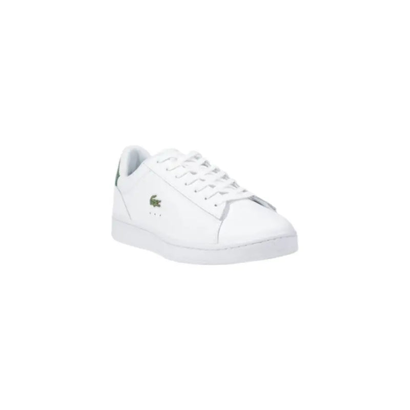 White Leather Lacoste Sneaker with Green Heel Accent showcasing a stylish footwear design