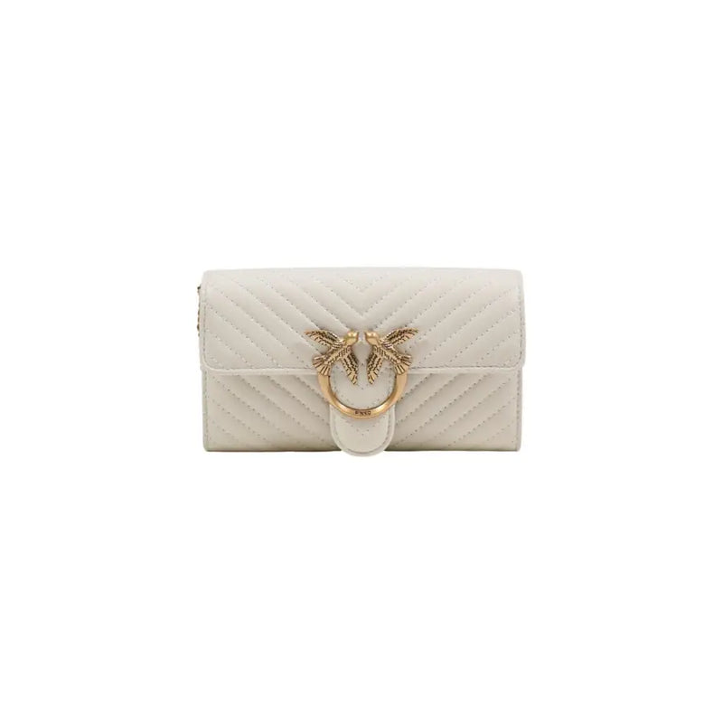 Cream-colored quilted leather clutch with gold-tone bird clasp from Pinko white leather shoulder bag collection