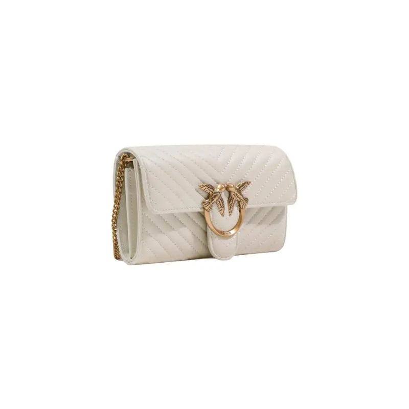 Cream-colored quilted leather shoulder bag by Pinko with gold-tone bird clasp chain strap and interior pocket