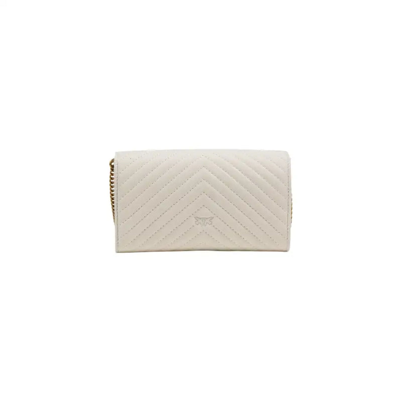 Cream-colored quilted leather shoulder bag by pinko with gold-tone chain strap and subtle butterfly logo interior pocket