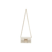 White leather shoulder bag by Pinko with quilted design gold-tone chain strap and embellished clasp interior pocket