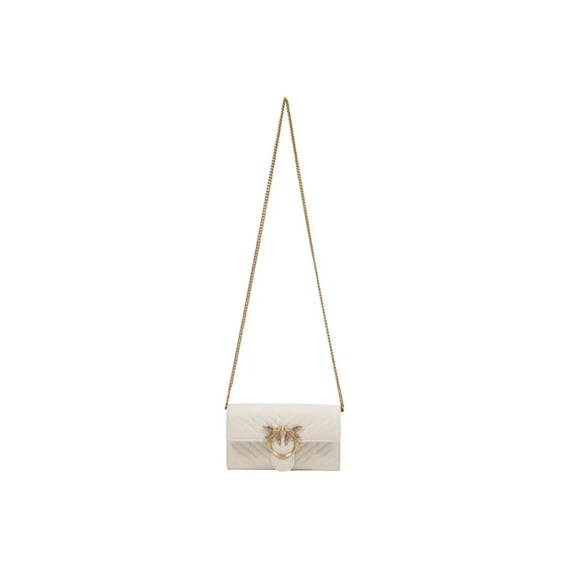 White leather shoulder bag by Pinko with quilted design gold-tone chain strap and embellished clasp interior pocket