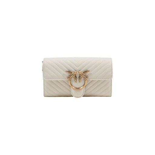 Cream-colored quilted leather clutch with gold-tone bird clasp from Pinko white leather shoulder bag collection