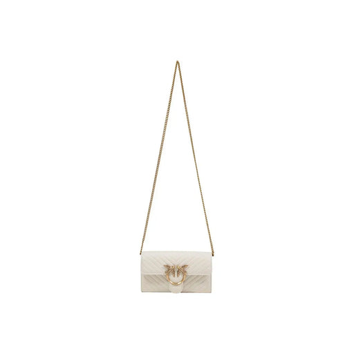 White leather shoulder bag by Pinko with quilted design gold-tone chain strap and embellished clasp interior pocket