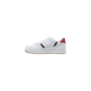 White Lacoste leather sneaker with red and blue accents showcasing stylish footwear