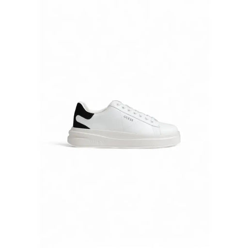 White leather sneakers with black accents from Guess Women Black Faux Leather Sporty Sneakers collection
