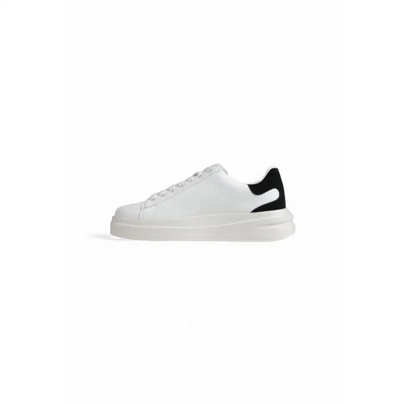 White leather sneakers with black heel accent from Guess Women Black Faux Leather Sporty Sneakers