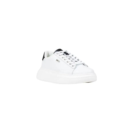 White leather slip-on sneakers with black accents and thick soles from Liu Jo Women