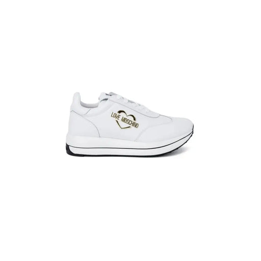 White leather sneakers with black heart logo and gold detailing from Love Moschino