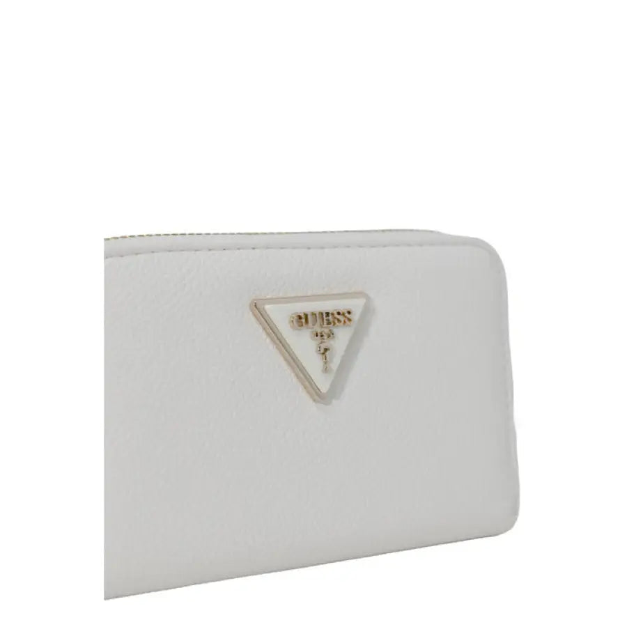 
                      
                        White leather Guess wallet with triangle detail, perfect for urban city style fashion
                      
                    
