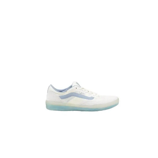 White and Light Blue Vans sneaker displayed in a product listing featuring stylish casual footwear