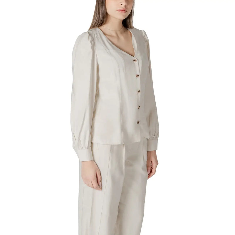 Beige long-sleeved viscose blouse for women with v-neck button-front closure and gathered puff sleeves