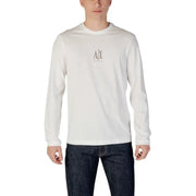White long-sleeved Armani Exchange Men’s printed round neck t-shirt displayed online