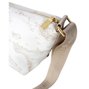 White map-patterned handbag with gold hardware and beige strap for stylish accessories
