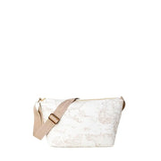 White map pattern shoulder bag featuring gold hardware and beige strap for stylish carrying