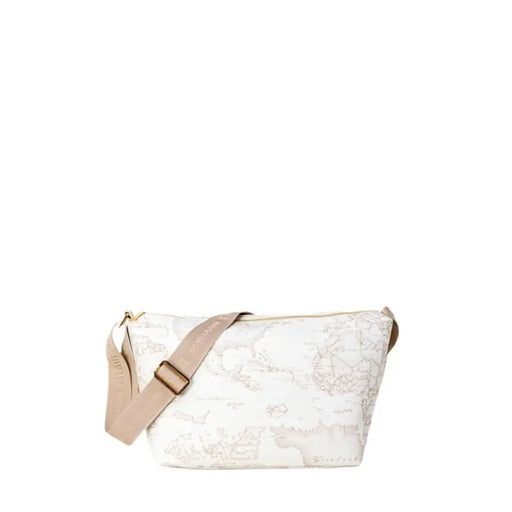 White map pattern shoulder bag featuring gold hardware and beige strap for stylish carrying