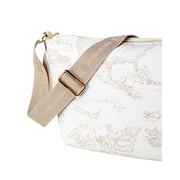 White map-patterned shoulder bag with beige strap and gold hardware